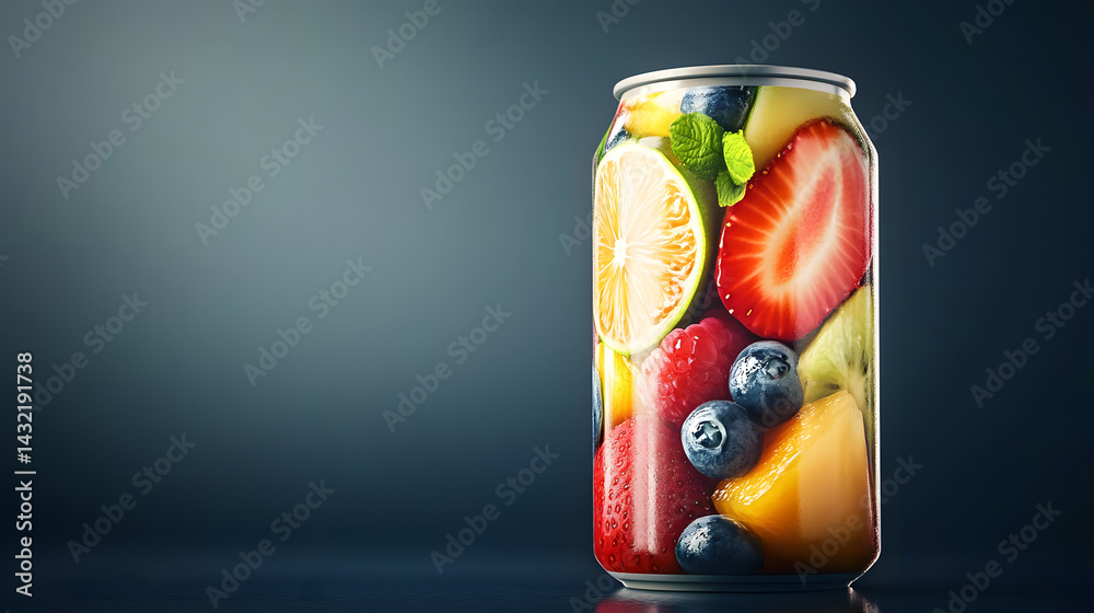 Fototapeta premium vibrant can of fruit drink with assorted fruits like strawberries, blueberries, and citrus on dark blue background