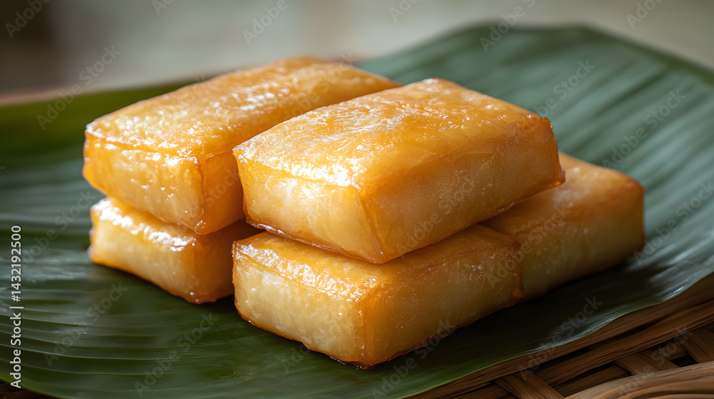 Golden Kanom Kai stacked on banana leaf, showcasing glossy texture and inviting appearance Golden Kanom Kai stacked on banana leaf, showcasing glossy texture and inviting appearance