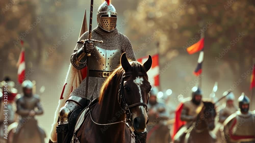 Medieval Knight on Horseback Leading Army Charge