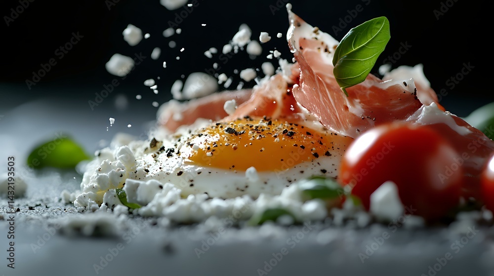 Fresh egg yolk with prosciutto ham, cherry tomatoes, cottage cheese crumbles and basil leaves on dark background with dramatic lighting and salt crystals. Fresh egg yolk with prosciutto ham, cherry tomatoes, cottage cheese crumbles and basil leaves on dark background with dramatic lighting and salt crystals.