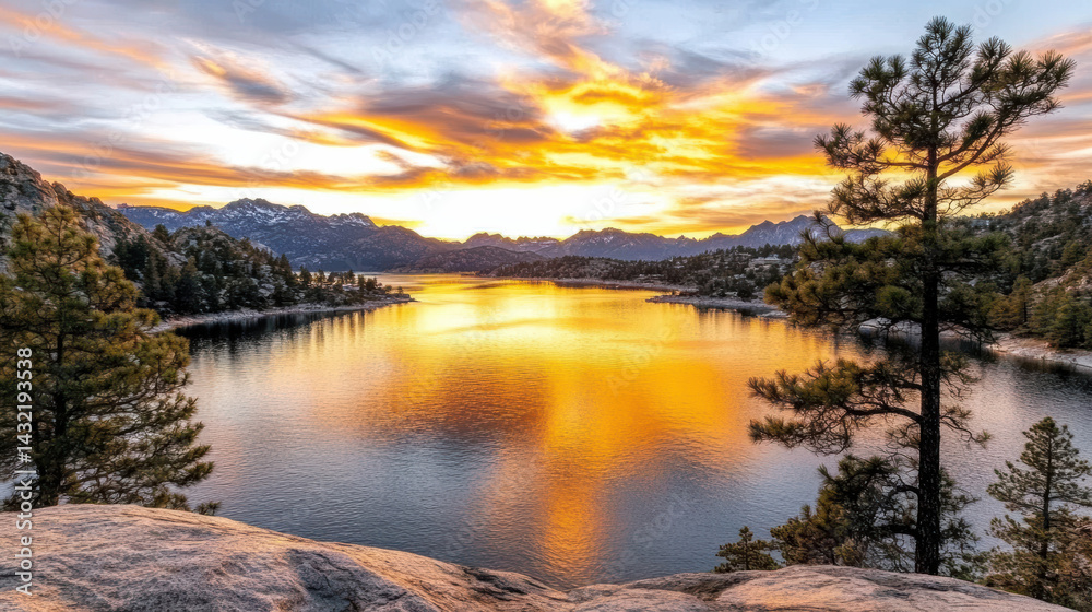 Breathtaking sunset over tranquil lake, reflecting vibrant orange and pink hues Breathtaking sunset over tranquil lake, reflecting vibrant orange and pink hues