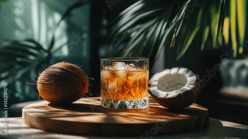 Tropical Coconut Cocktail on Wooden Board