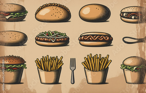 Burgers, buns, french fries, fork on textured beige background.
