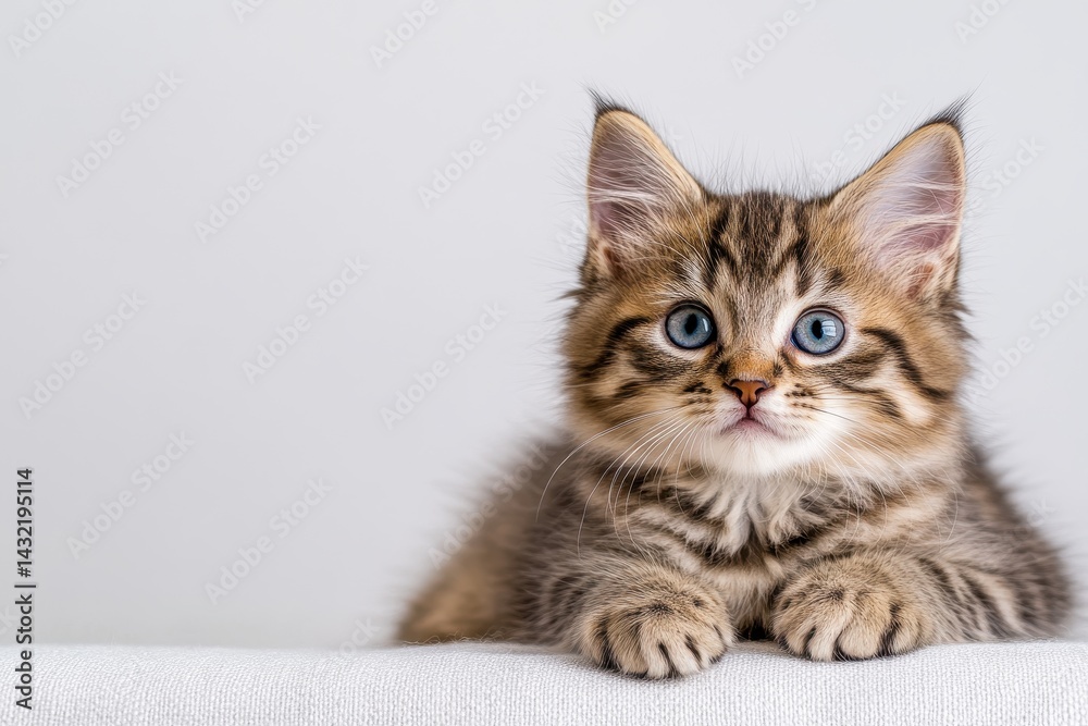 Adorable fluffy kitten with striking blue eyes resting on a soft surface, showcasing its playful demeanor and delightful facial expression indoors Adorable fluffy kitten with striking blue eyes resting on a soft surface, showcasing its playful demeanor and delightful facial expression indoors