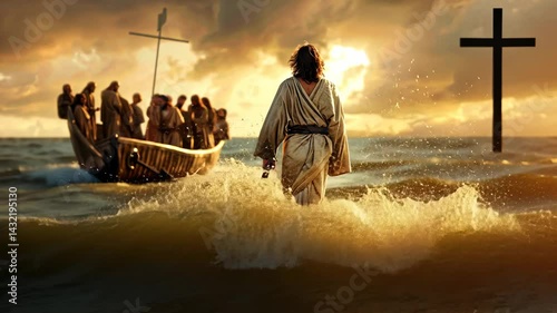 Jesus Walking on Water: A Divine Sunset Scene