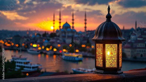 Sunset in Istanbul: A Lantern's Glow Over the Bosphorus and Suleymaniye Mosque
