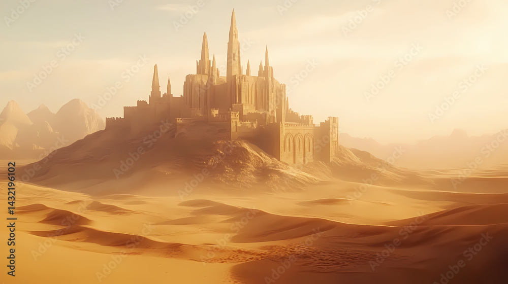 Fototapeta premium Forgotten citadel perched in vast sandy desert landscape. Silence Citadel. Illustration