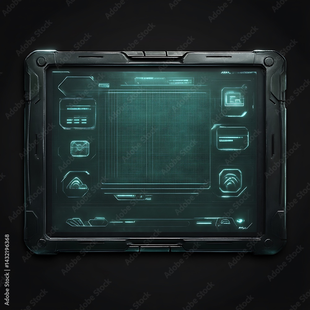 Fototapeta premium Futuristic tablet with teal interface and dark frame