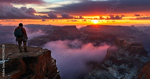 Hiker at Grand Canyon Edge at Sunset with Dramatic Clouds and Mist in Background