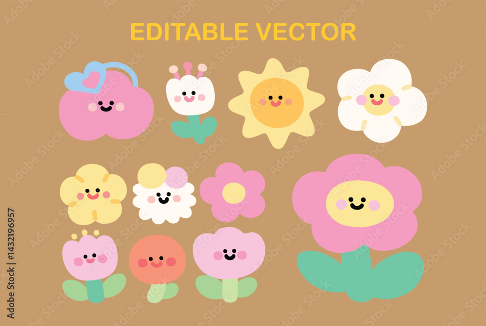 Obraz premium Cheerful Bloom Bunch: A Colorful Vector Collection of Happy Flower Characters.