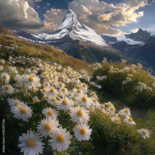 Alpine meadow bathed in golden sunlight, with a majestic mountain peak in the background.  A carpet of wildflowers stretches across the hillside, creating a picturesque scene photo