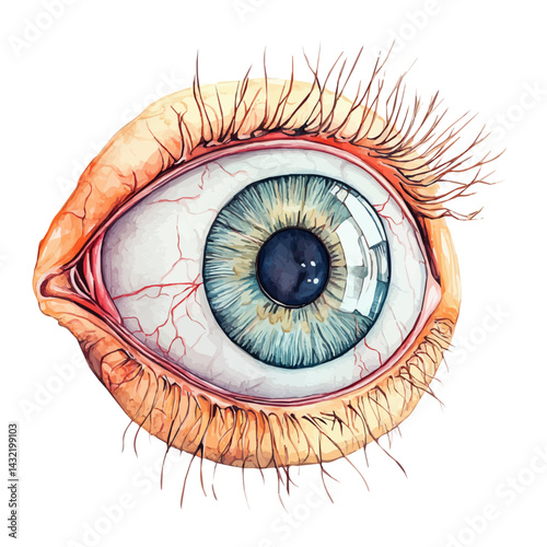 Human Eye Anatomy With Labeled Parts, watercolor vector, isolated on a white background.