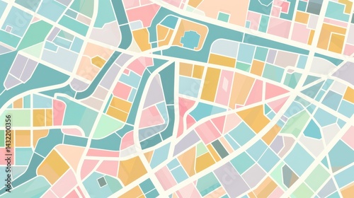 Flat design city map with geometric roads pastel blocks minimalist transit clean labels noise.