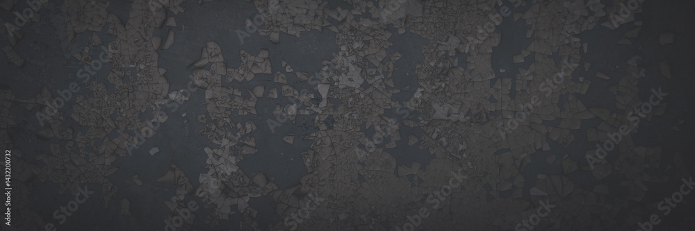 Dark wide panoramic background. Peeling paint on a concrete wall. Faded dark texture of old cracked flaking paint. Weathered rough painted surface with patterns of cracks. Shaded background for design