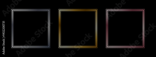 Metal thin square frame set. Shiny golden and silver foil border collection. Gold glowing geometric boarder bundle in art deco style. Rectangular element pack for photo, cadre, card, emblem. Vector