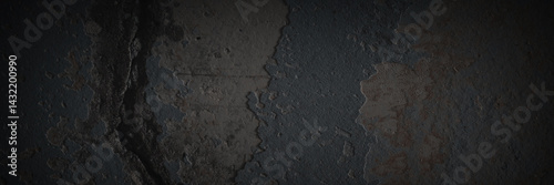 Obraz na płótnie Texture of the old wall. Rough grungy surface of painted plastered concrete wall with spots, cracks, noise and grain. Dark wide panoramic background for design. Shaded vintage texture with vignette. w salonie