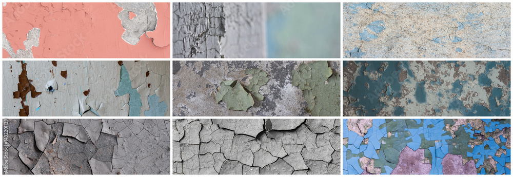 Set of peeling paint textures. Old concrete walls with cracked flaking paint. Weathered rough painted surfaces with patterns of cracks and peeling. Collection of wide panoramic backgrounds for design.