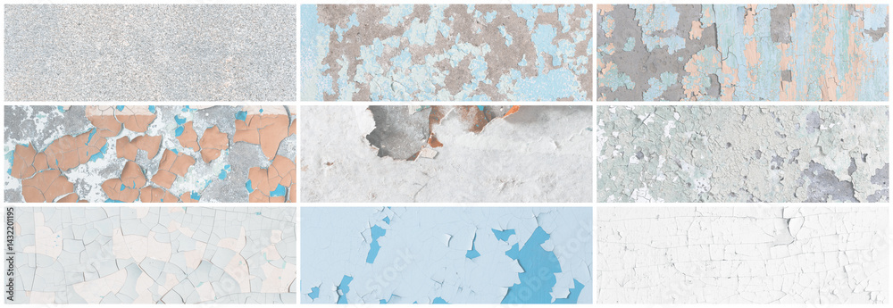 Set of panoramic background textures. Collection of wide textures with peeling paint, cracks, rust, stone and concrete walls. Faded rough surfaces of old walls. Bundle of light backgrounds for design.