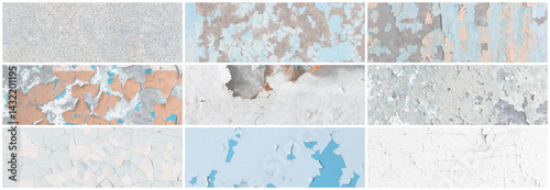 Obraz na płótnie Set of panoramic background textures. Collection of wide textures with peeling paint, cracks, rust, stone and concrete walls. Faded rough surfaces of old walls. Bundle of light backgrounds for design. w salonie