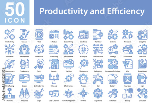 Productivity and Efficiency Icon Collection and Symple Concept mixed blue color	