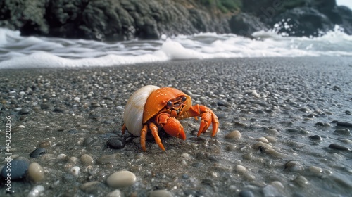 Orange hermit crab on beach at water's edge photo