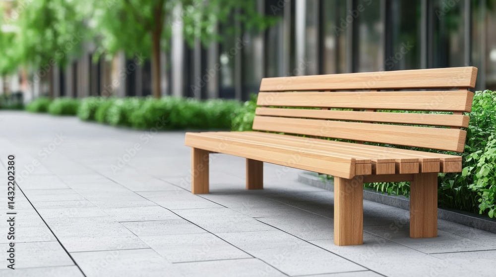 Wooden Bench on Pavement Surrounded by Greenery in Urban Setting