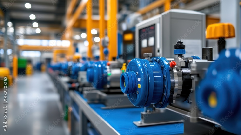 Industrial Machinery with Blue Pumps in a Modern Manufacturing Facility