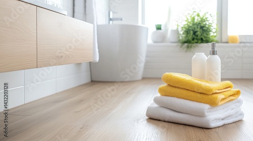 Obraz na płótnie Cozy and Modern Bathroom with Towels and Spa Essentials on Floor w salonie