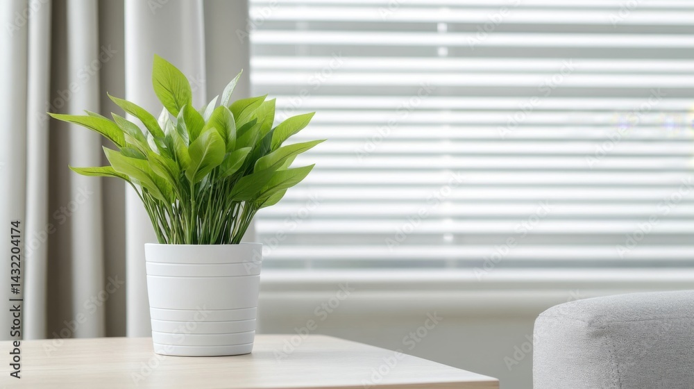 Green Indoor Plant in Bright Living Room with Blinds and Sofa