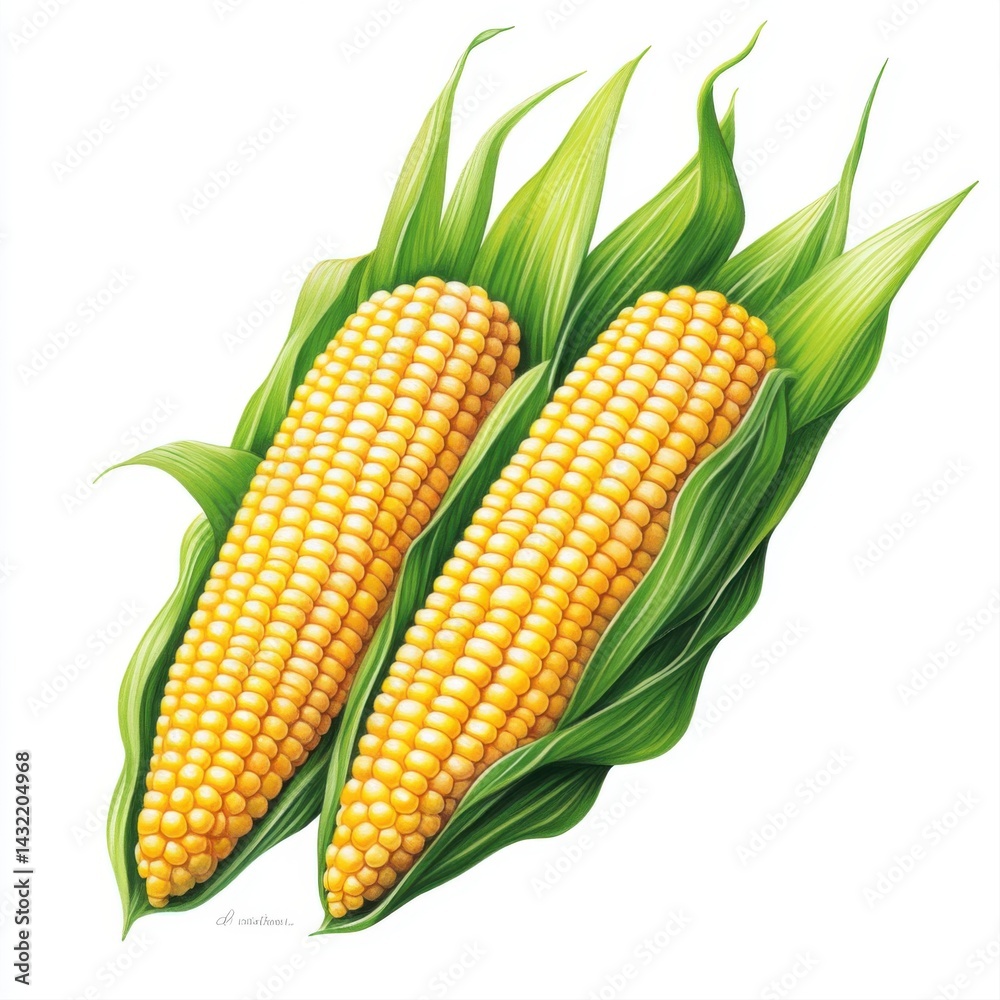 Fresh Corn Ears with Green Leaves on White Background Art Illustration