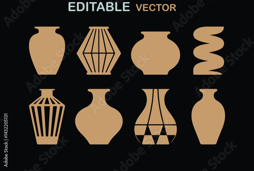 Eight Unique Vector Vase Silhouettes: Modern Pottery and Container Graphics for Artistic Projects