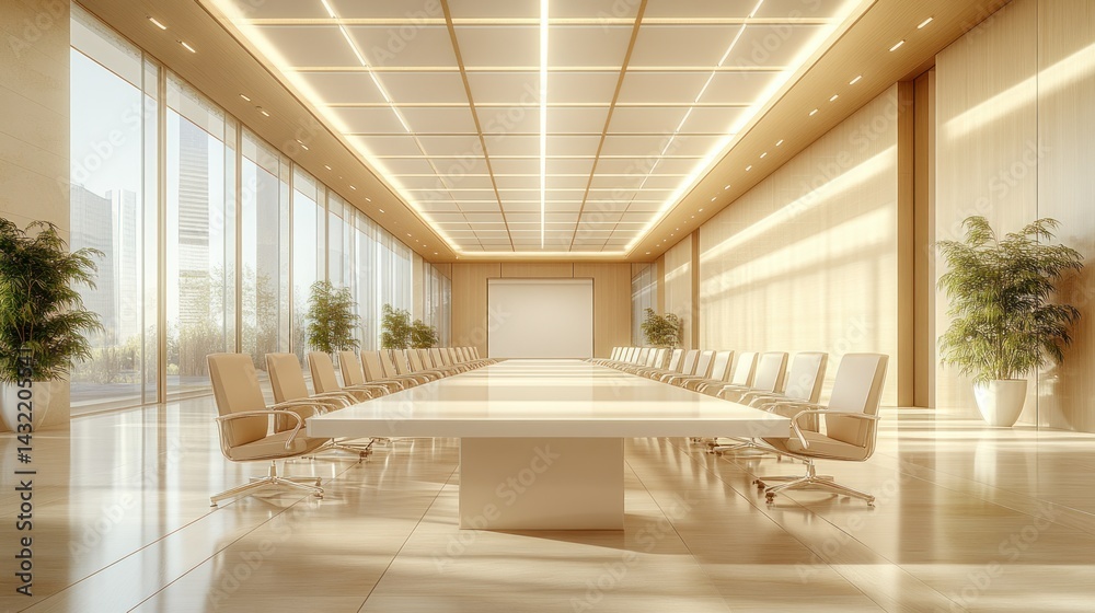 Fototapeta premium Sunlit Modern Boardroom, City View