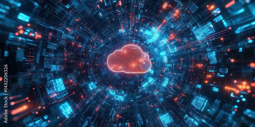 Obraz premium Digital cloud network within a complex technological tunnel.