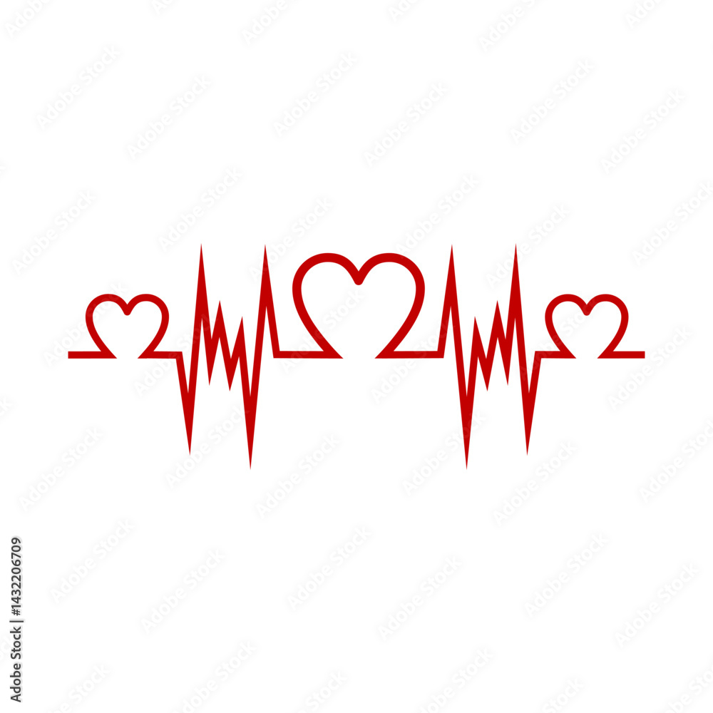 Heart rate pattern with heart symbols in red representing health and vitality in a minimalist design