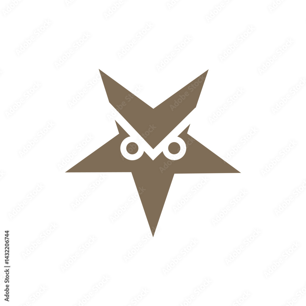 Unique geometric star design featuring owl eyes in shades of brown and beige against a clean background