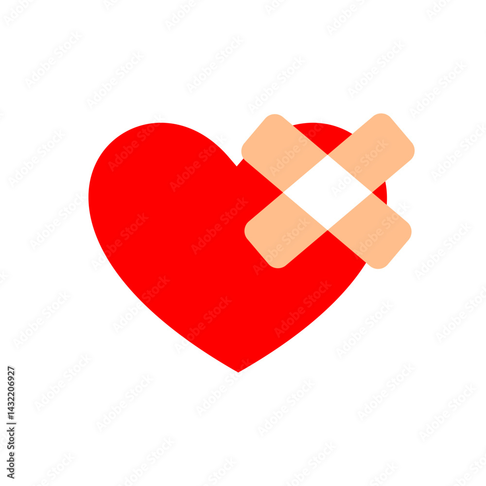 Heart symbol with bandage, representing love and healing in a simplistic manner, suitable for various contexts including health and relationships