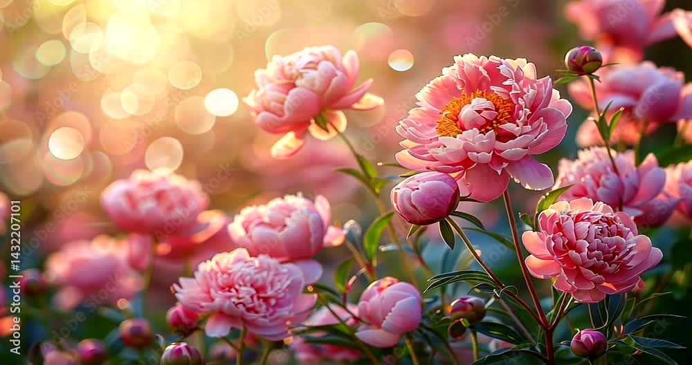 Lush garden of pink peonies in full bloom under soft sunlight with bokeh background