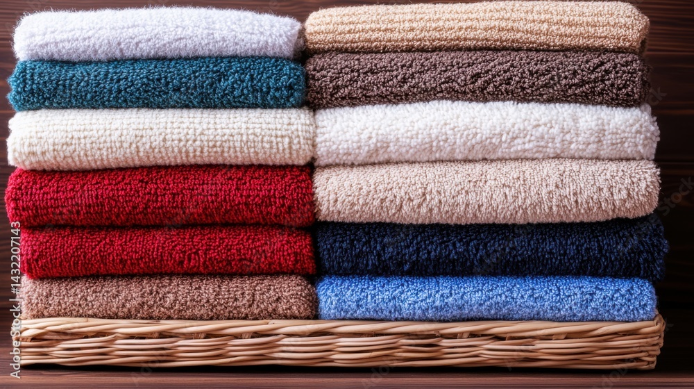 Neatly Stacked Soft Towels in Various Colors on Wooden Background