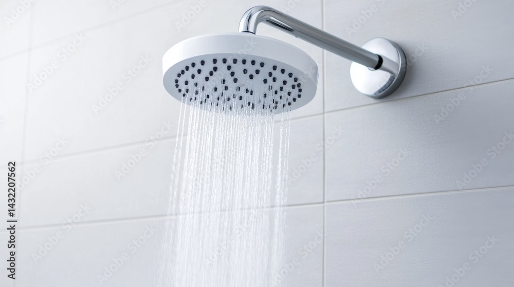 Modern Shower Head with Water Flow over White Wall Tiles