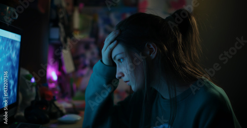 A sad and lonely teenage girl at night staring at a computer screen in a dimly lit room, reflecting cyberbullying and emotional pain