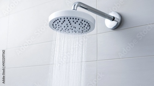 Obraz na płótnie Modern Shower Head with Water Flow over White Wall Tiles w salonie