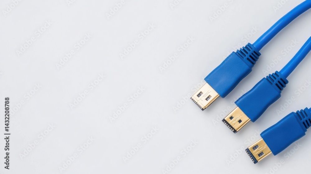 Blue USB Cables on a Light Background for Technology Concepts