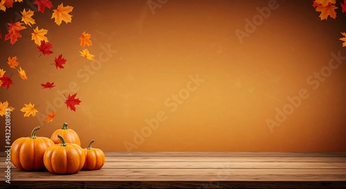 Autumn scene with pumpkins and falling leaves on wooden table against orange background. Perfect for fall, Thanksgiving, or seasonal themes