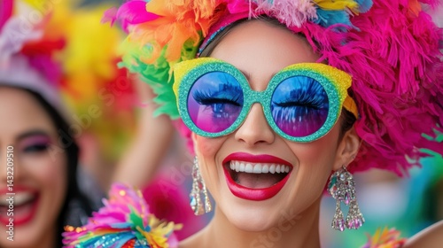 Vibrant Woman with Colorful Costume and Sunglasses at Festival Event