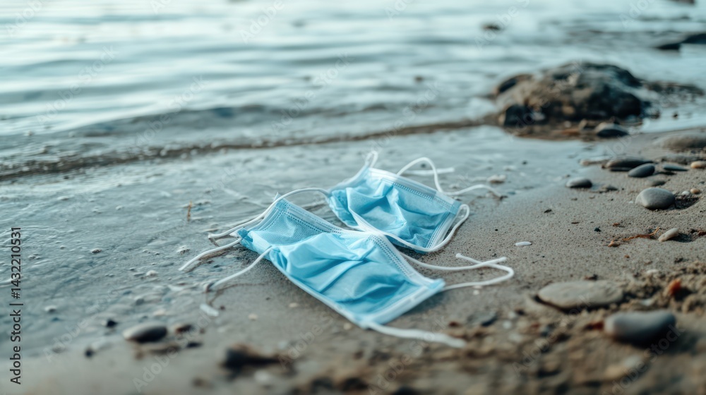 Disposable masks discarded on beach shoreline Disposable masks discarded on beach shoreline