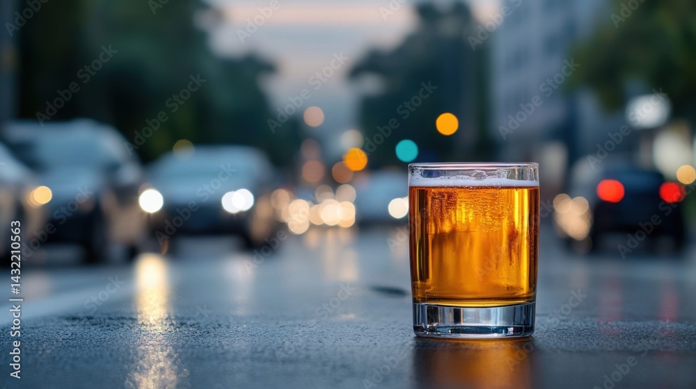 Glass of Amber Beverage on Rainy Street with Blurred Traffic Background