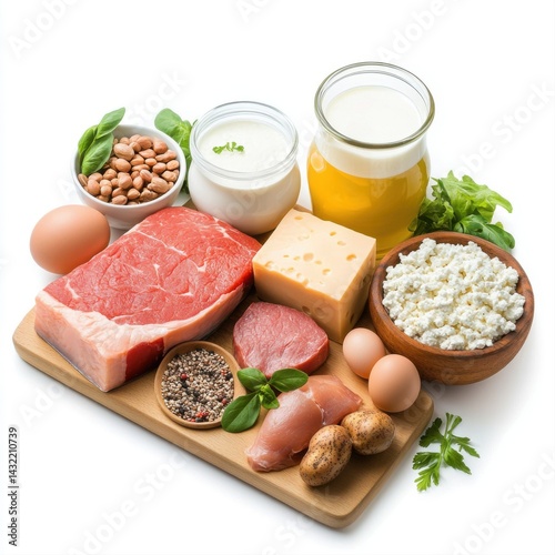 Obraz na płótnie Fresh Meat and Dairy Products Arranged on a Wooden Cutting Board w salonie
