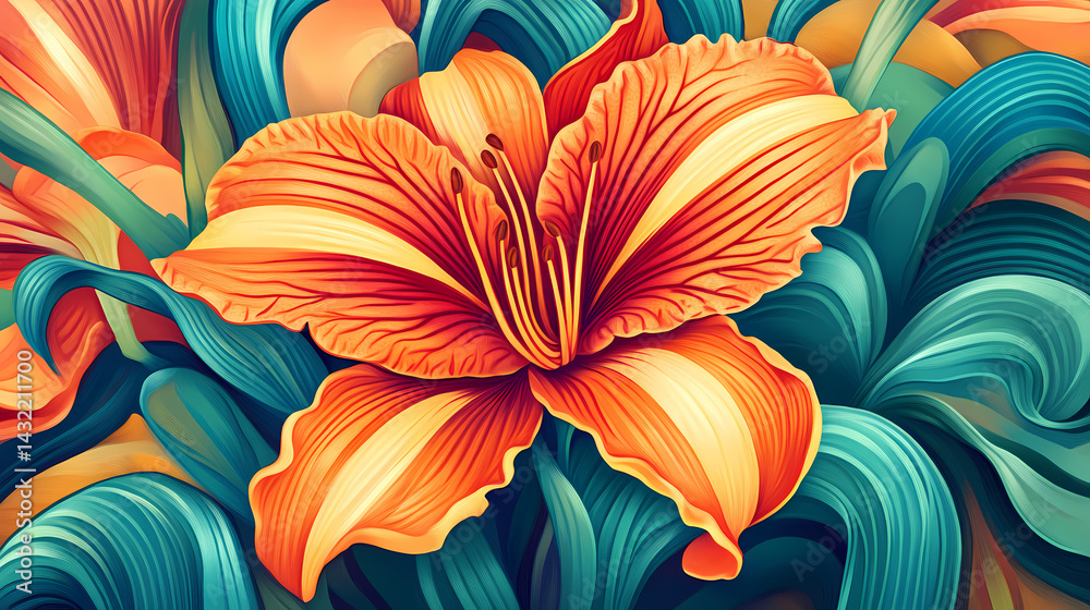 Daylily flower with brick red inner petals and orange-yellow outer petals in a garden, color, daylily. Inner Bloom. Illustration Daylily flower with brick red inner petals and orange-yellow outer petals in a garden, color, daylily. Inner Bloom. Illustration