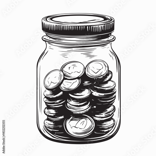 Black and white Coins In A Glass Jar image vector isolated on white background.
