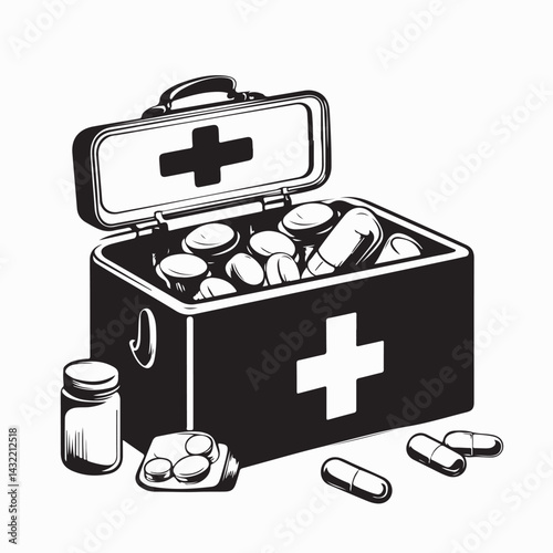 Black and white First Aid Box with Medical Drugs and Pills Image Vector isolated on white background.